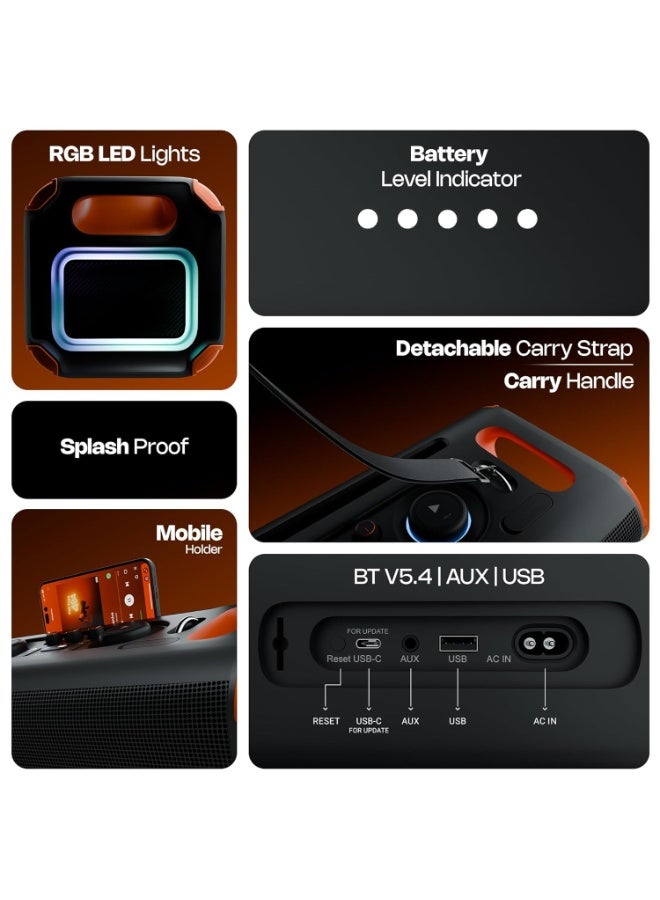 زيبونيكس Zebronics Party Speaker, 150W, AURACAST Technology, Upto 5 Hours Playtime, 4 Drivers, BT v5.4, Wireless Mic, Mic & Guitar in, RGB, Mobile Holder, Splash Proof, AUX, USB, App Support (Prima Pro) - Image 4